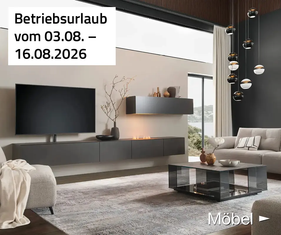 Modernes Wohnzimmer mit Sofa, TV-Wand und Couchtisch, Möbel-Button